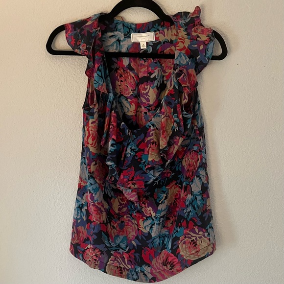Anthropologie Jewel Tone Floral Sleeveless Silk Blouse top 0 🩷💙💜 - Picture 1 of 4